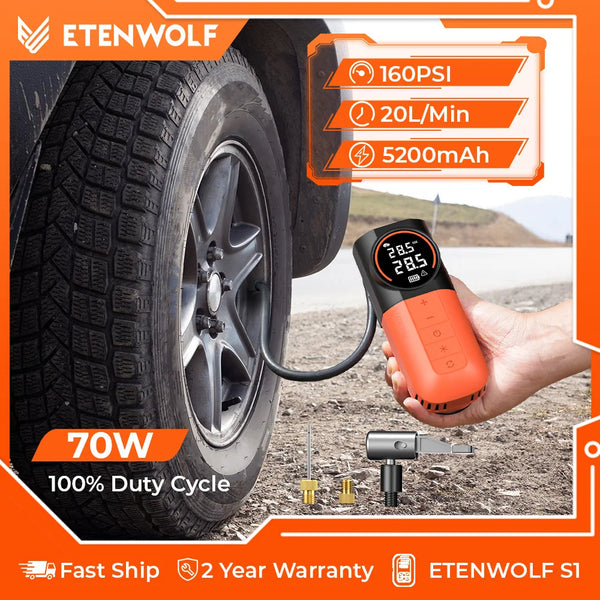 ម៉ាស៊ីនបូមខ្យល់រថយន្ត ETENWOLF S1 ថ្មី 5200mAh ម៉ាស៊ីនបូមខ្យល់កង់រថយន្តចល័ត 140W សម្រាប់រថយន្ត ម៉ូតូ គ្រឿងបន្ថែមរថយន្ត