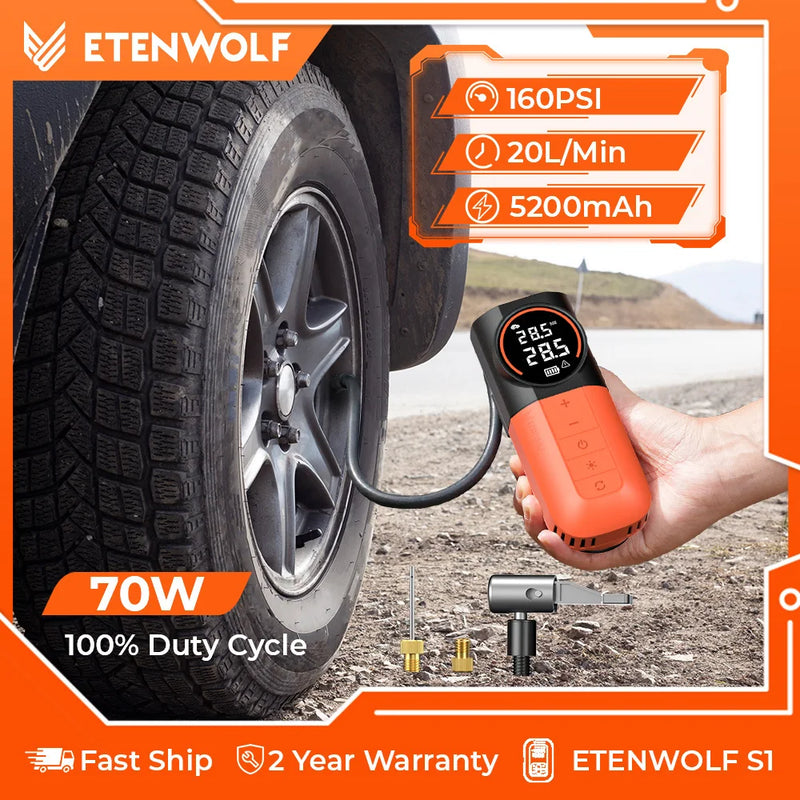 ម៉ាស៊ីនបូមខ្យល់រថយន្ត ETENWOLF S1 ថ្មី 5200mAh ម៉ាស៊ីនបូមខ្យល់កង់រថយន្តចល័ត 140W សម្រាប់រថយន្ត ម៉ូតូ គ្រឿងបន្ថែមរថយន្ត