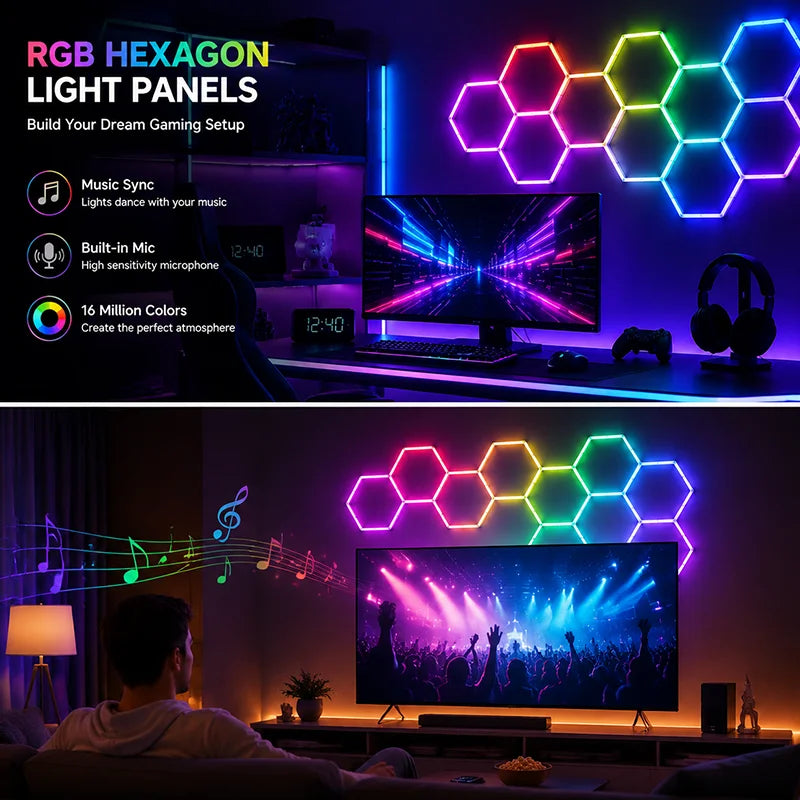 ភ្លើងយានដ្ឋាន RGB Hexagon ភ្លើងពិដាន LED ដែលអាចបន្ថយពន្លឺបាន ចង្វាក់ភ្លេង ភ្លើងបន្ទះ LED សម្រាប់បន្ទប់លេងហ្គេម បារ ក្លឹប ពិធីជប់លៀង កន្លែងហាត់ប្រាណ