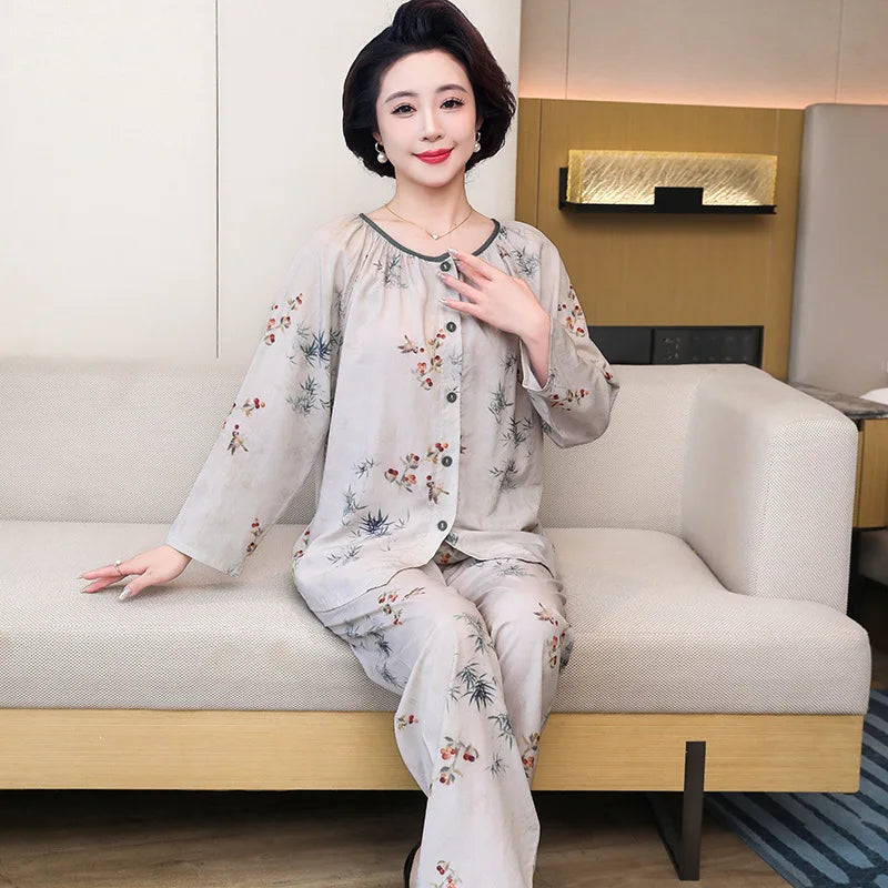 2 Piece Set Nightwear for Women Pajamas 2026 Spring Autumn Long Sleeve Middle-aged Home Wear Loungewear Set Woman Night Clothes