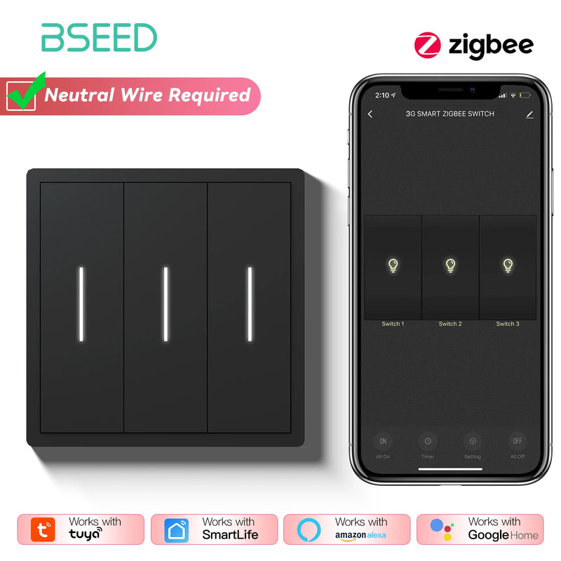 BSEED Zigbee Button Switch 1/2/3/4Gang 2Way Smart EU Socket Plastic Panel Smart Click Switch Tuya Smart Life Alexa Voice Control