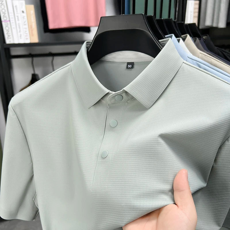Summer Short Sleeve T-Shirt - Premium Jacquard Spandex, 7A Antibacterial, Seamless, Contrast Color, Split Hem, Wrinkle-Free Polo
