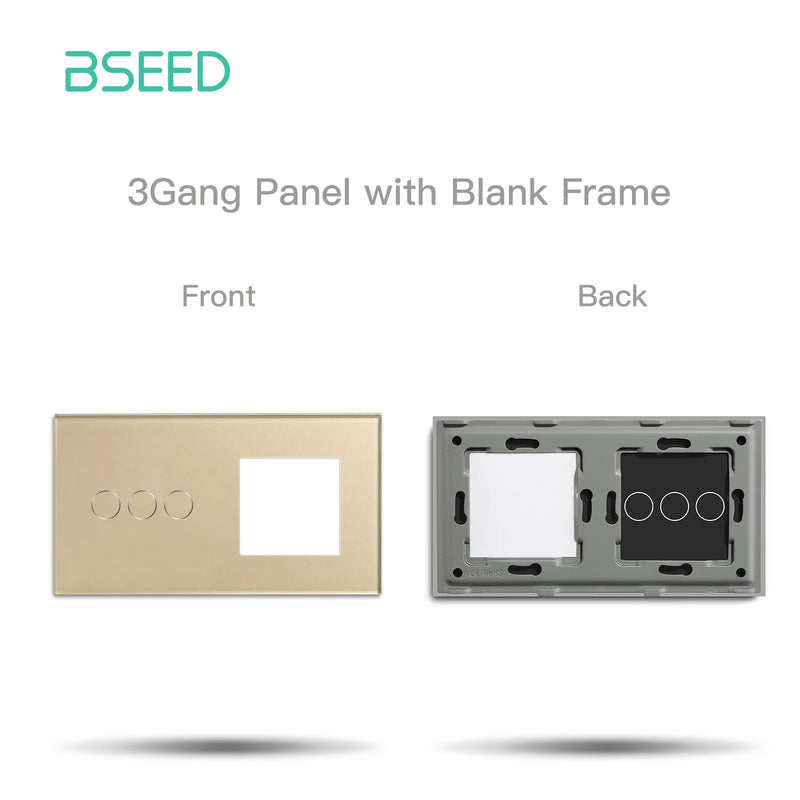 BSEED  EU Standard 1/2/3Gang Glass Panel Frame For Touch Switch Wall Sockets With Metal Frame White Black Golden 157mm