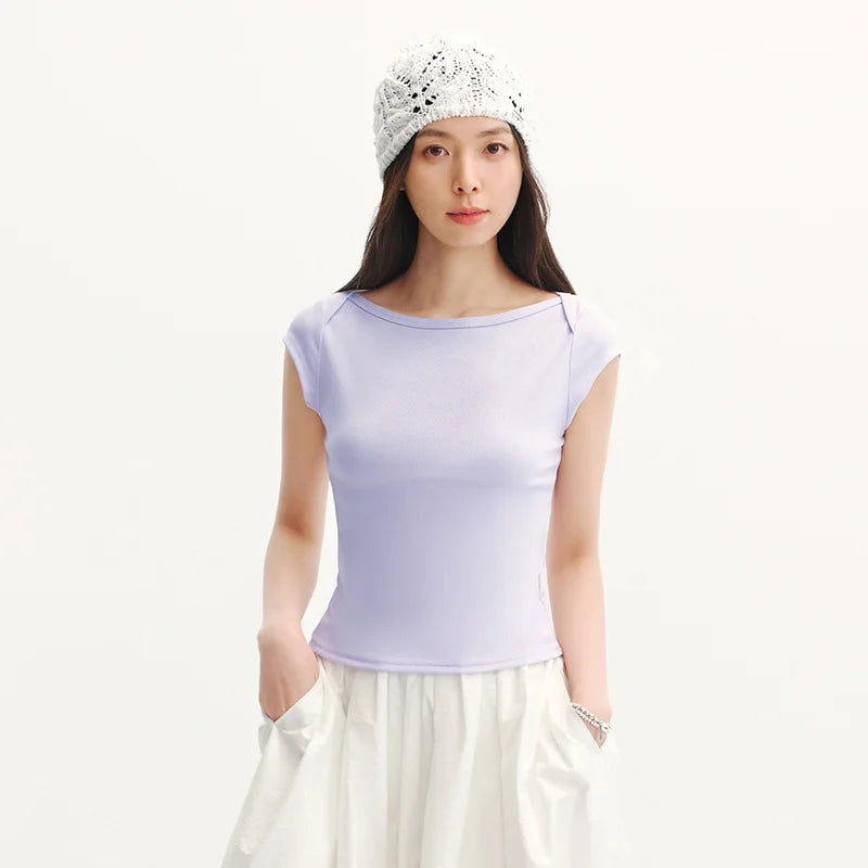 Semir Womens Tshirt 2026 Short Style Slash Neck Slim Solid Color Cool Feeling Casual Fashion