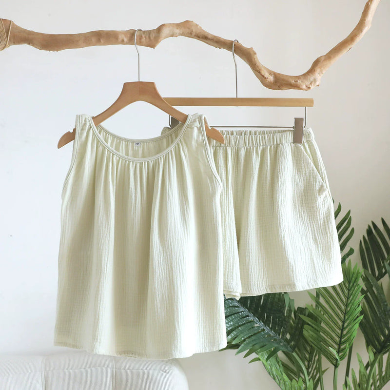 Summer Pajamas Two-Piece Women's Set Soft Home Wear New Solid Color Sleeveless O-Neck Home Suit Shorts Loungewear Pyjama Femme