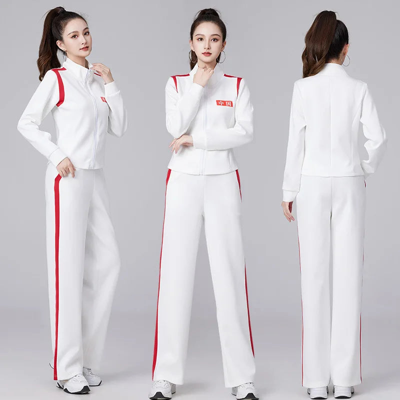 Women's Red Two-piece Sports Set for Spring and Fall, Featuring A Jacket with White Stripes and Matching Pants, Asian Sizes 6XL.