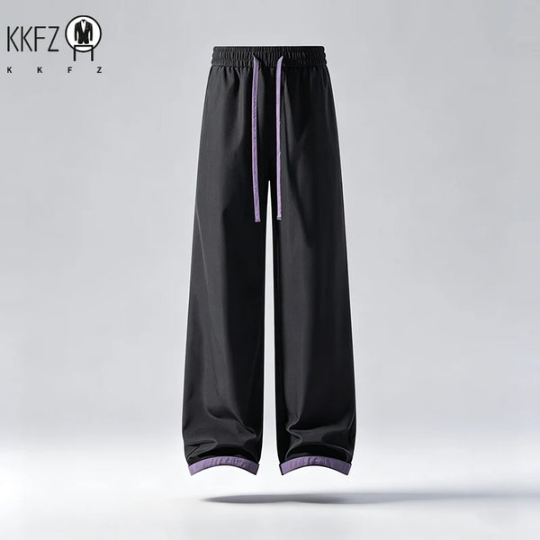 Relaxed Fit Mens Straight Pants Elastic Waistband Contrast Drawstring Detail Smooth Fabric Casual Bottoms For Short Travel
