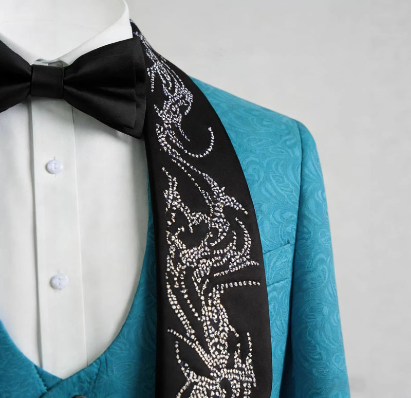 Red Men's Three-piece Suit Set Featuring A Jacquard Jacket and Vest Paired with Pants. Blue, Green, Purple, Pink, and White.
