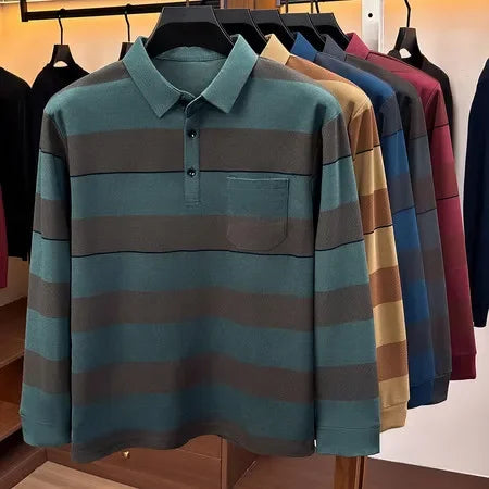 Business Casual Long Sleeve Striped Polo For Males Lapel Collar Soft Woven Fabric Neat Cut Travel Friendly Clothing