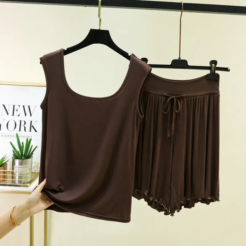 Women's Pajamas Modal Wide Shoulder Double U-neck Vest Shorts Two-piece Set Loose Plus Size Home Suit  Pijama Mujer M-6XL