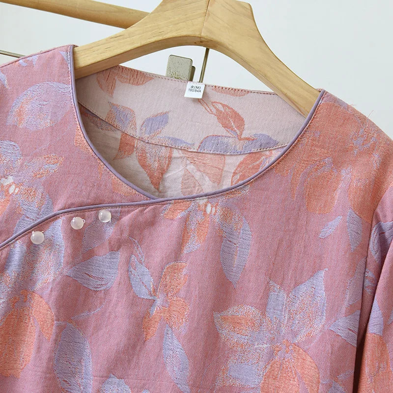 ឈុត Pijama បែប Vintage សម្រាប់រដូវផ្ការីករដូវស្លឹកឈើជ្រុះ ឈុតគេងសម្រាប់នារី ធម្មតា បោះពុម្ព 100% កប្បាស ដៃវែង គេងសម្រាប់នារី ឈុតគេងពេលយប់