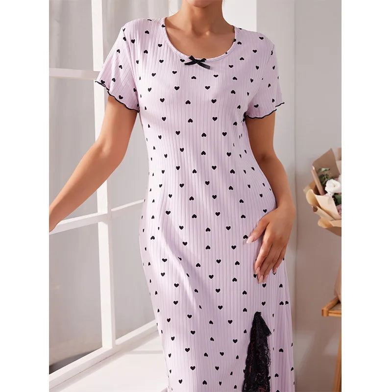 Elastic Slim Fit Nightdress Women's Nightgown Round Neck Short Sleeve Large Size Split Fork Sleepwear Medium Long Summer Dress