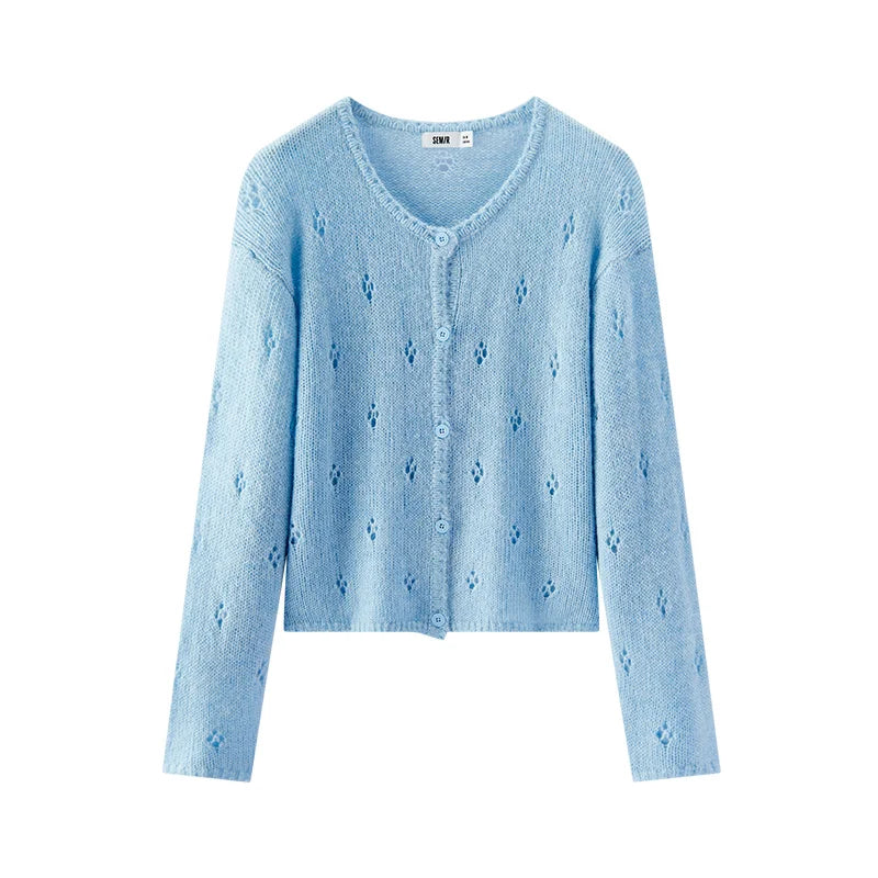 Semir Red Cardigan Women 2026 Spring Hollow Out Crew Neck Loose Gentle Style Casual Comfortable Fashion Knitwear Top