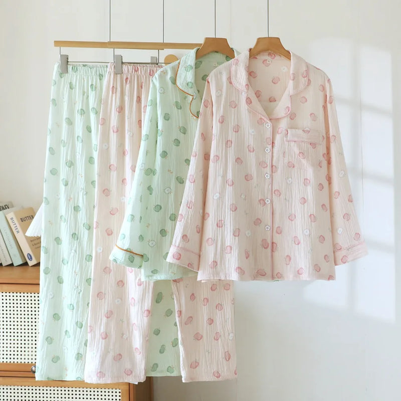 Autumn New Women's Pajamas Long Sleeve TrousersTwo-piece Homewear Set Pure Cotton Pyjama Femme Nightwear Lapel Neck Sleepwear