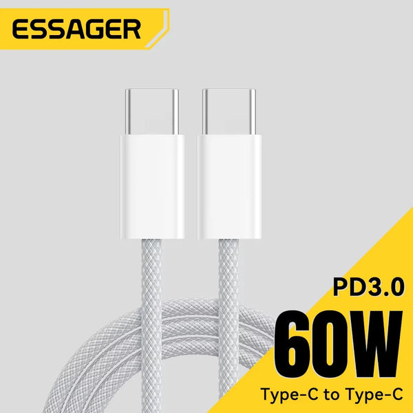 ខ្សែសាក Essager 60W USB C សម្រាប់ iPhone 16 15 Plus Pro Max Xiaomi Type C សម្រាប់ Macbook Pro iPad PD Fast Charger Cord Type-C