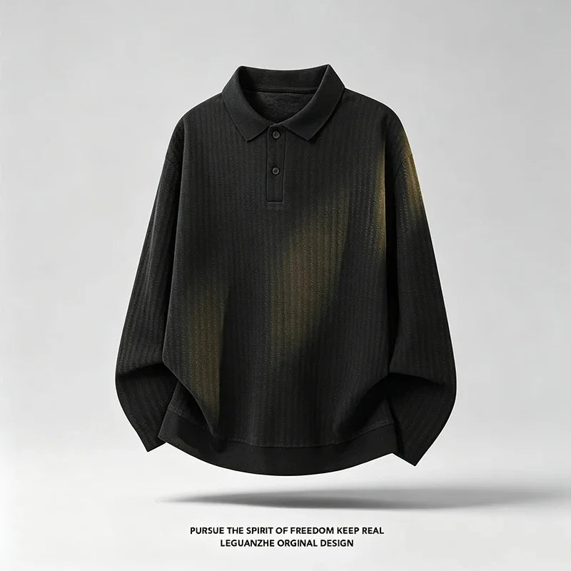 Mens Autumn Casual Polo Pullover Lapel Collar Long Sleeve Button Front Loose Silhouette Ribbed Knit Material Daily Outfit