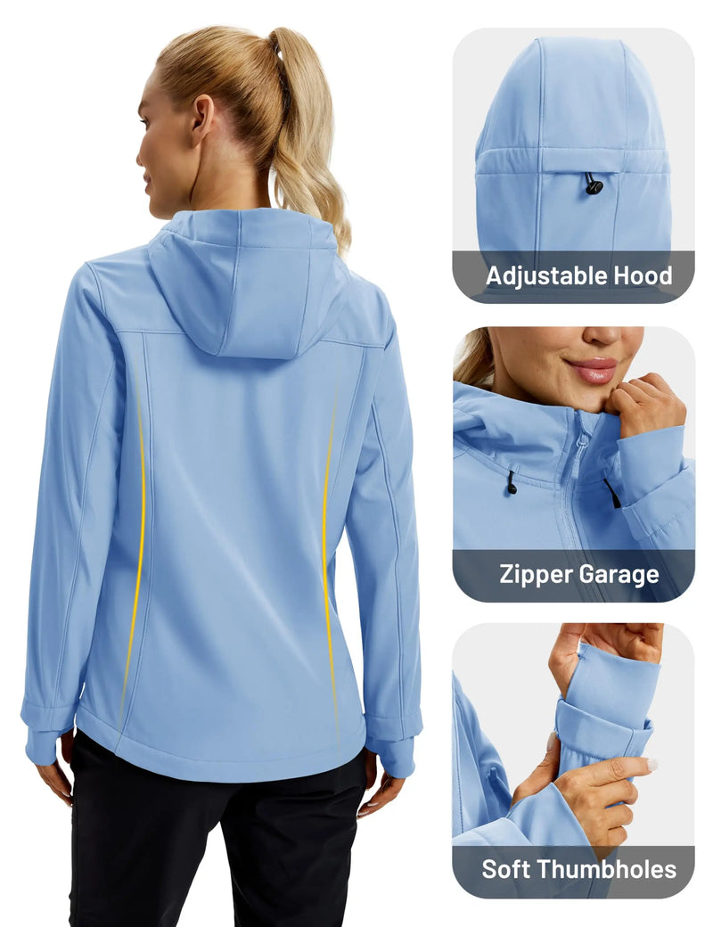 TACVASEN Waterproof Fleece Lined Women's Softshell Jacket Hooded Outdoor Hiking Camping Jacket Lightweight Warm Thermal Coat
