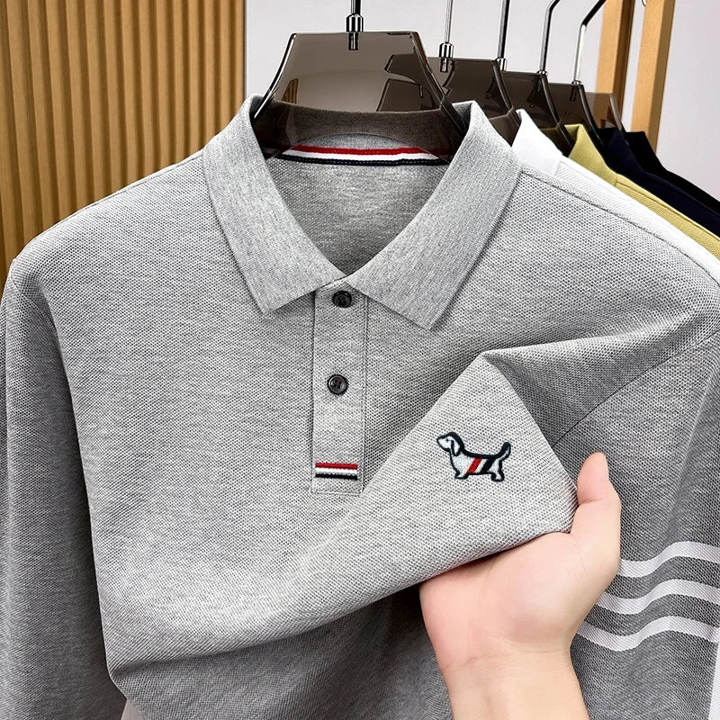 Best Seller 100% Cotton Man Long-Sleeved Polo Shirt Lapel Button Dog Embroidery Autumn Winter New Tops Leisure Men's Clothing