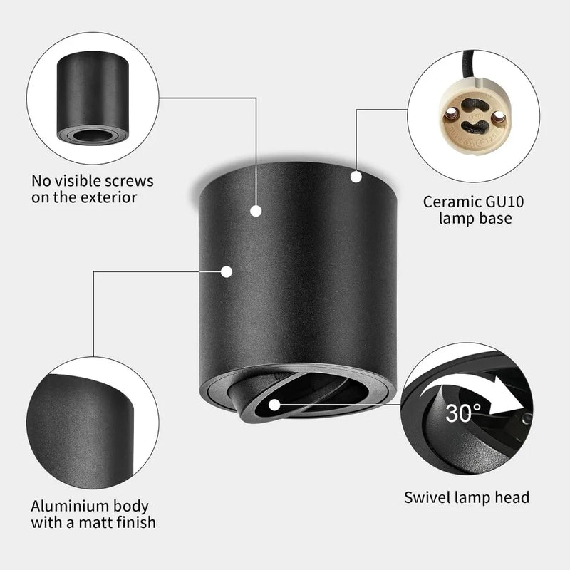 JOYINLED GU10 Surface Mounted Spotlight, Adjustable Ceiling Light Fixture, Swivel Downlight with GU10 Socket, Aluminum Spot Lamp