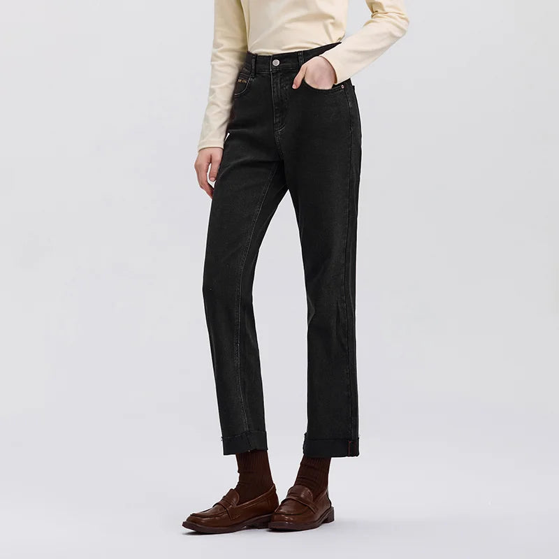 Semir Soft Jeans Women Raw Hem Straight Leg Egg Roll Pants Leg Slimming Trousers 2026 Spring Fashion Casual Bottoms