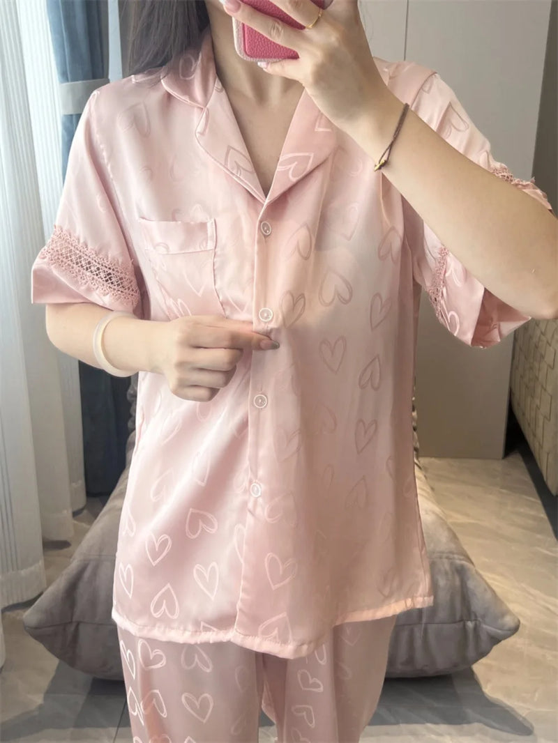 Thin Nightwear 2 Piece Nighty Pajama Set Women's Sleepwear Summer Short Sleeve Long Pants Buttons Lapel Top Pijamas Home Suit
