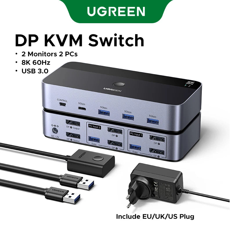 UGREEN 8K 60Hz DP KVM Switch 2 Monitors 2 PCs USB 3.0 Sharing Keyboard Mouse Monitor with HDR 3D for Desktop Printer
