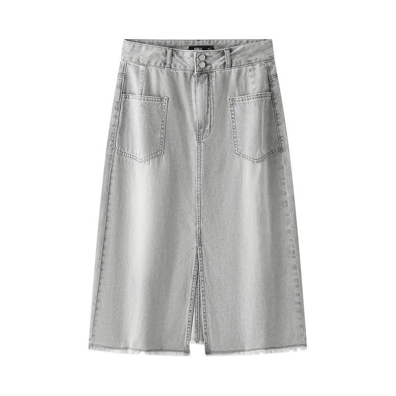 Semir Women Skirt HighWaist Slit Frayed Vintage Washed Straight Denim Long 2026 Trendy Street Daily Fashion Wear