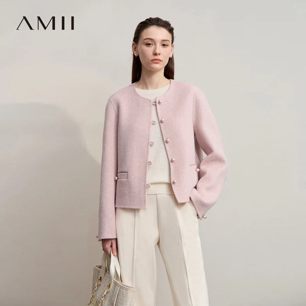 AMII Short Coat 2025 Winter Minimalist Round Neck Wool Solid Women's Warm Elegance Long-sleeved Loose Women's Jacket 12524041