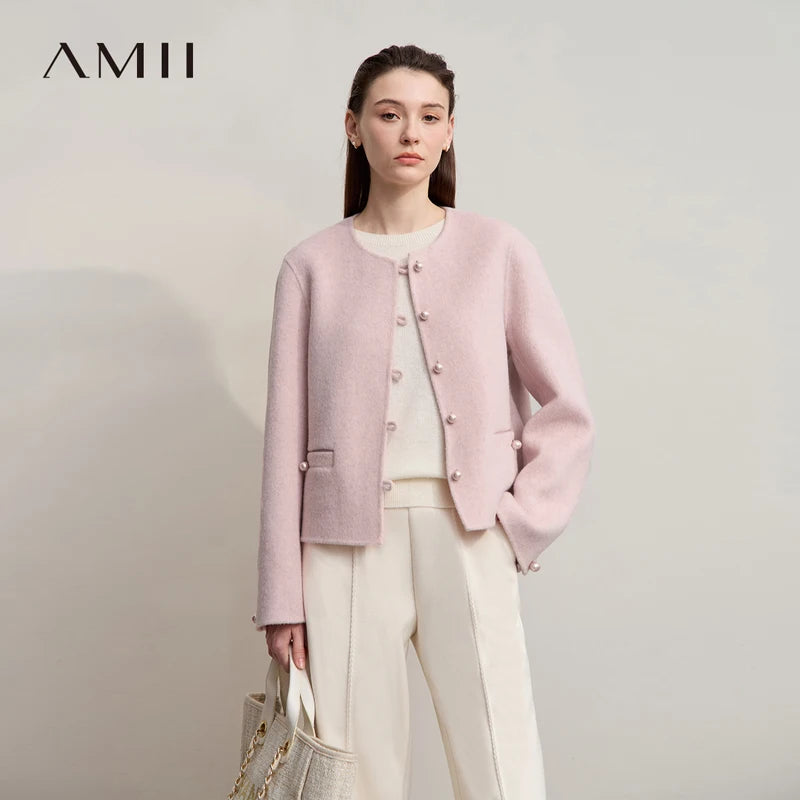 អាវខ្លី AMII ឆ្នាំ ២០២៥ រដូវរងាតិចតួចបំផុត កមូល រោមចៀមរឹង អាវក្រៅវែងរបស់ស្ត្រី 12524041 អាវធំស្ត្រី 12524041