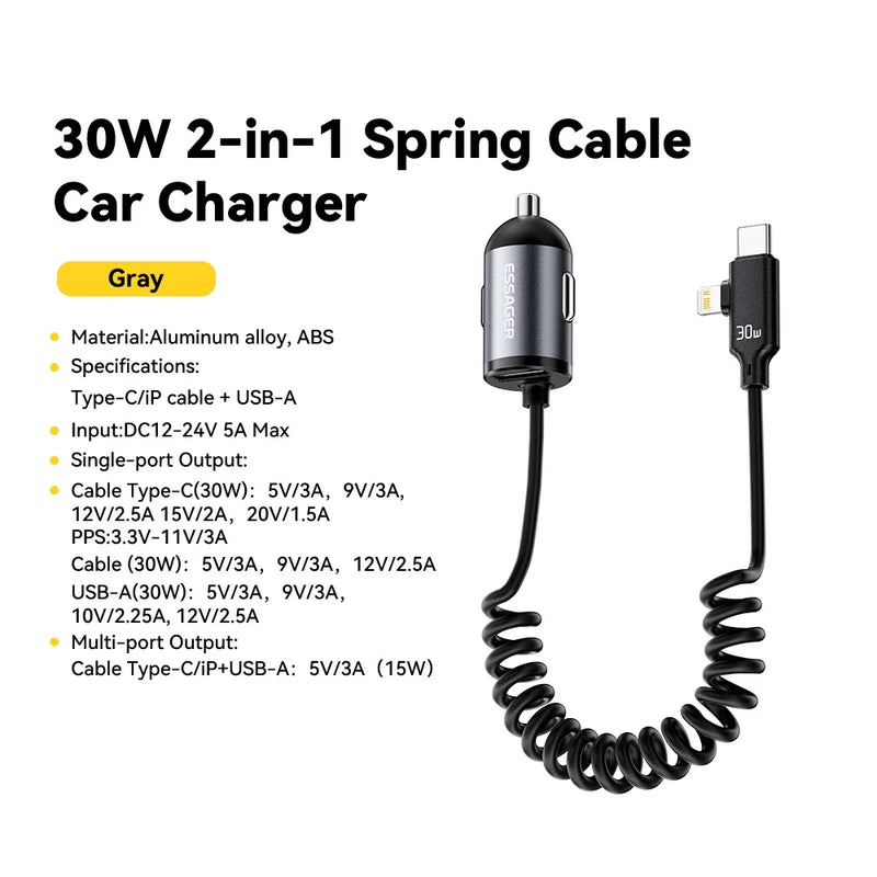 ឆ្នាំងសាករថយន្ត Essager 30W 2 ក្នុង 1 Spring Cable រន្ធ USB-A និង USB-C/Lighting សាកលឿនសម្រាប់ iPhone 17 16 15 14 13 12 Samsung