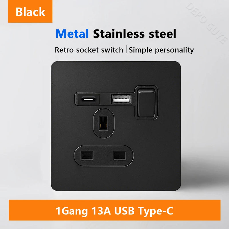Black Retro Toggle Wall Light Switch Socket,Stainless Steel Universal UK Electrical Outlets with USB Type-C charging For Home