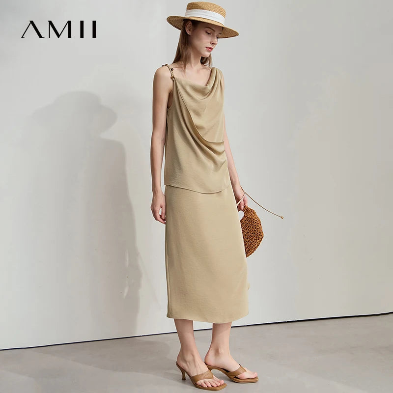 AMII Minimalist Solid Summer Camisole Dress Women New 2026 Sling Collar Pleated Sleeveless Loose Dresses Female Fashion 12552040