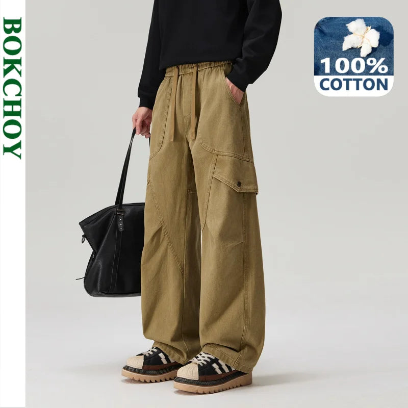 2026 Autumn New 100% Cotton Casual Big Pockets Cargo Pants for Men Clothing Darwstring Loose Trousers GF268136