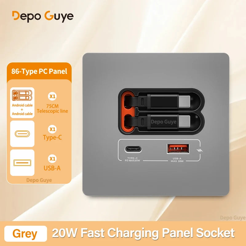 EU Universal 20W USB C Smart Wall Socket Panel Dual Type-C Fast Charge Ports Mobile Phone Charging Outlet