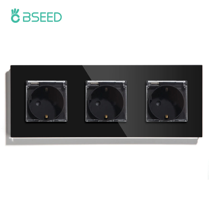 BSEED EU Standard Single Power Sockets With Waterproof Cover Double Wall Outlet Bathroom Triple Plugs 16A Crystal Panel 110-250V