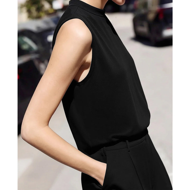 Amii Mock Neck Women's Blouse 2026 Summer New Solid Color Asymmetric Slit Hem Shirt Casual Sleeveless Chiffon Top Women 12642104