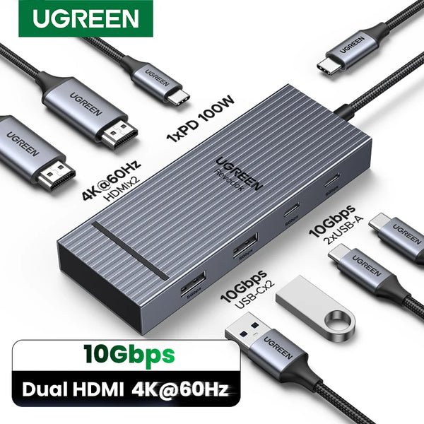 UGREEN USB C HUB Dual HDMI 7-in-1 Type-C to 4K60Hz 2HDMI 10Gbps USB-A&C Ports PD100W for MacBookPro Laptop USB Splitter Docking