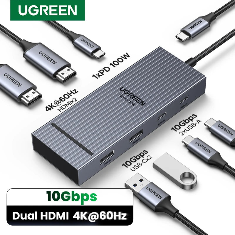 UGREEN USB C HUB Dual HDMI 7-in-1 Type-C to 4K60Hz 2HDMI 10Gbps USB-A&C Ports PD100W for MacBookPro Laptop USB Splitter Docking