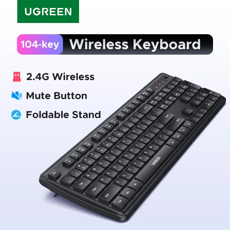 RU Sale UGREEN 2.4G Wireless Keyboard 104 Keys Ultra-Slim US RU Layout Wireless Keyboard Black for PC Laptop Desktop