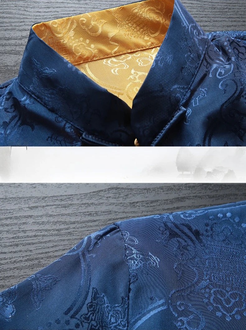 Men's Blue Two-piece, Tang-style Suit: A Chinese-style Single-breasted Stand-collar Jacket in Jacquard Fabric Paired with Pants.