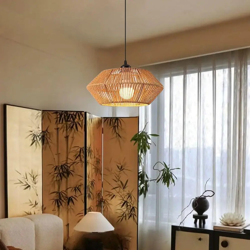 32CM Boho Rattan Pendant Light Wicker Chandeliers Woven Lampshade Ceiling Hanging Lights for Living Room Bedroom Hallway E27