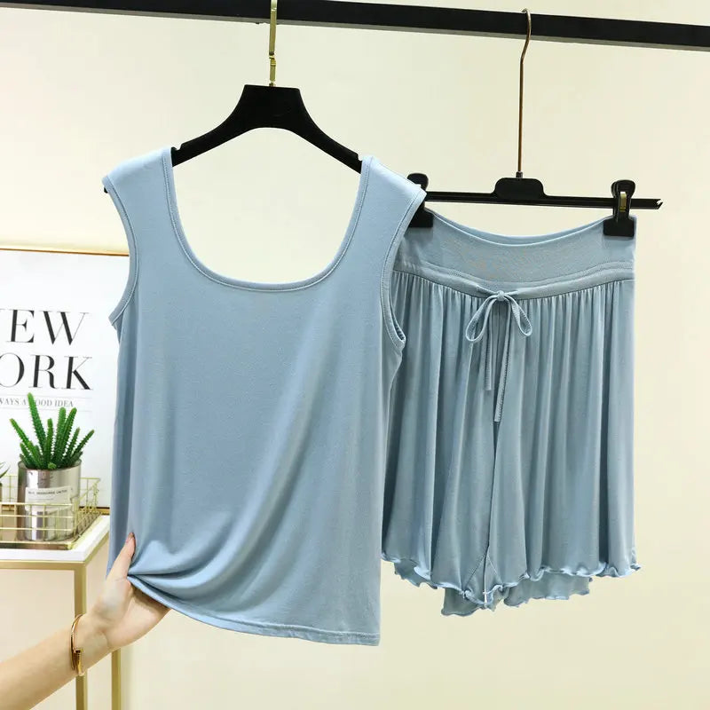 Women's Pajamas Modal Wide Shoulder Double U-neck Vest Shorts Two-piece Set Loose Plus Size Home Suit  Pijama Mujer M-6XL