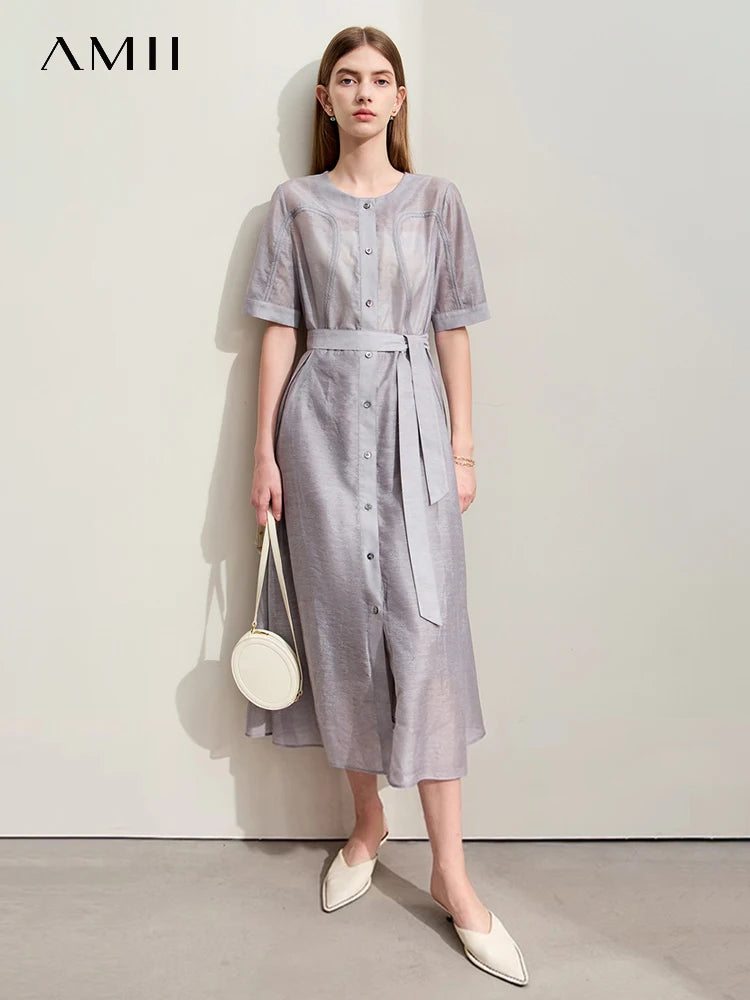 រ៉ូបថ្មី Amii Minimalism រដូវក្តៅឆ្នាំ ២០២៦ សម្រាប់ស្ត្រី រ៉ូបស្តើងឆើតឆាយ Jacquard ជាមួយខ្សែក្រវ៉ាត់វែងត្រង់ 12422175