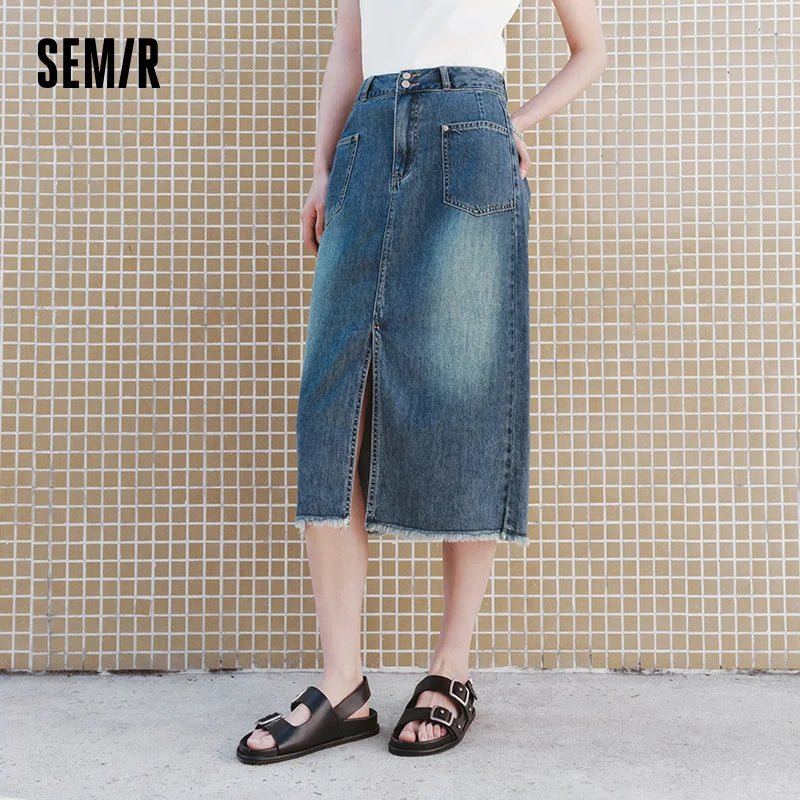 Semir Women Skirt HighWaist Slit Frayed Vintage Washed Straight Denim Long 2026 Trendy Street Daily Fashion Wear