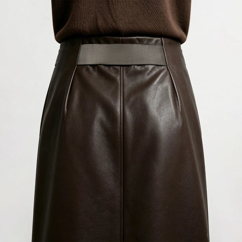 Amii Women PU Skirt Autumn Satin Elastic Waist Sash Belt Elegant Vintage Straight Midi Skirts Office Woman Clothing 12623056