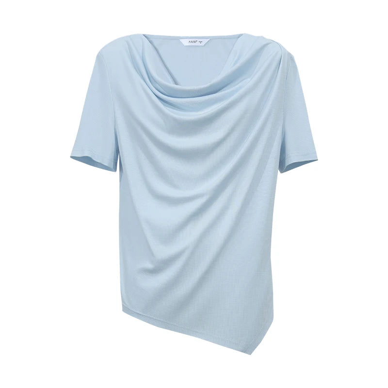 Amii Women's T-Shirt 2026 Summer New Cowl Neck Asymmetric Hem Shirred Tee Stretch Short Sleeve Casual Top For Women 12642069