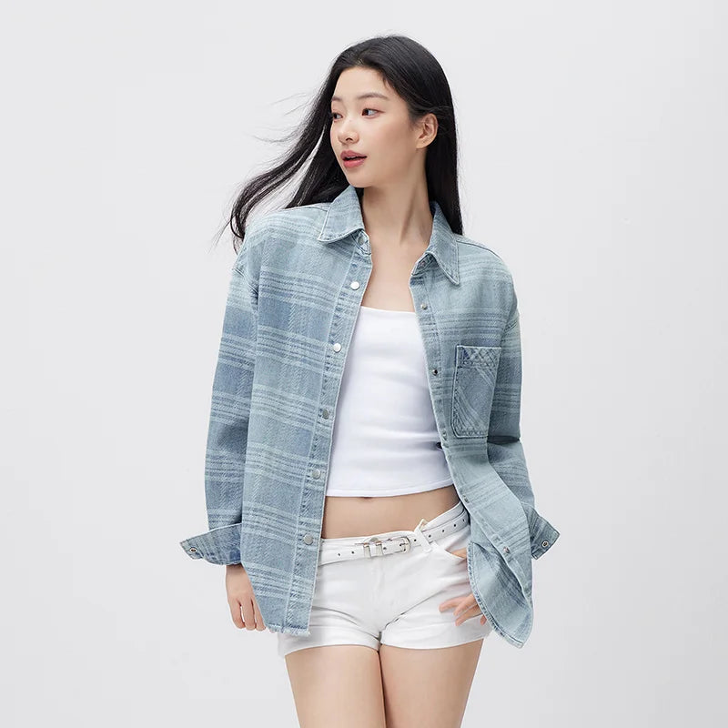 Semir Soft Shirt Women Spring 2026 Plaid Denim Loose Casual Comfortable Daily Wear Versatile Stylish Blouse