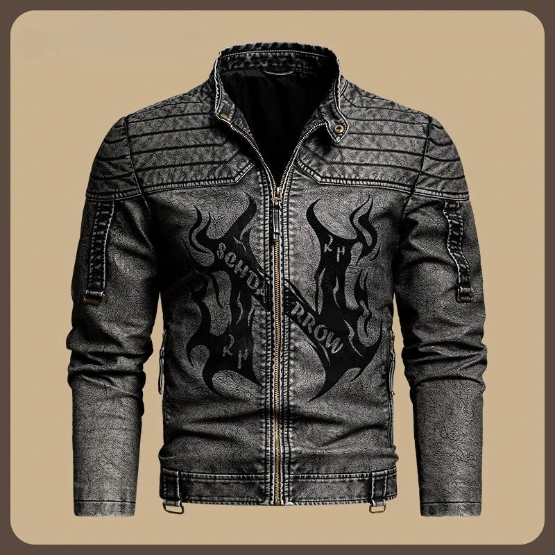 Men's Long-sleeve PU Jacket for Spring and Fall, Available in Gray-black Faux Leather Coat, with Khaki and Green Options.