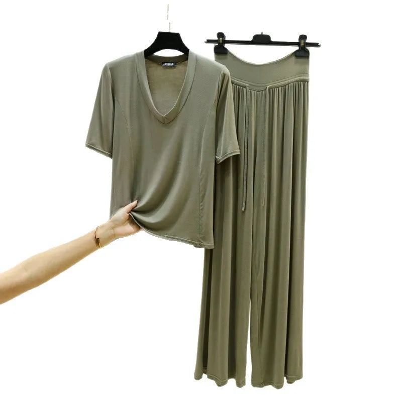 Soft Modal Sleepwear Women's Summer Pajamas Thin T Shirt Wide Leg Pants Set Loose Large Size Home Clothes  M-6XL Pijamas