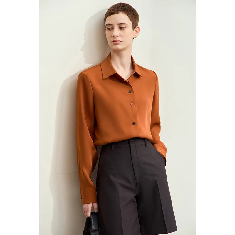អាវ Amii Minimalism សម្រាប់ស្ត្រី 2026 រដូវស្លឹកឈើជ្រុះថ្មីសាមញ្ញ Lapel ពណ៌ផ្ទុយប៊ូតុង Basic ត្រង់ Chiffon អាវ Blouse 12423108
